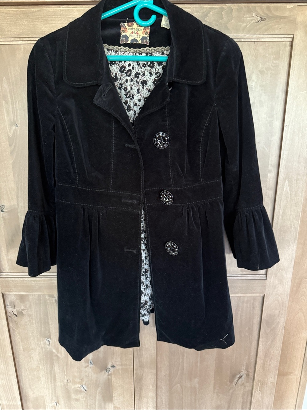 Chelsea & Violet Black Velvet Peplum-Style Coat with Decorative Buttons